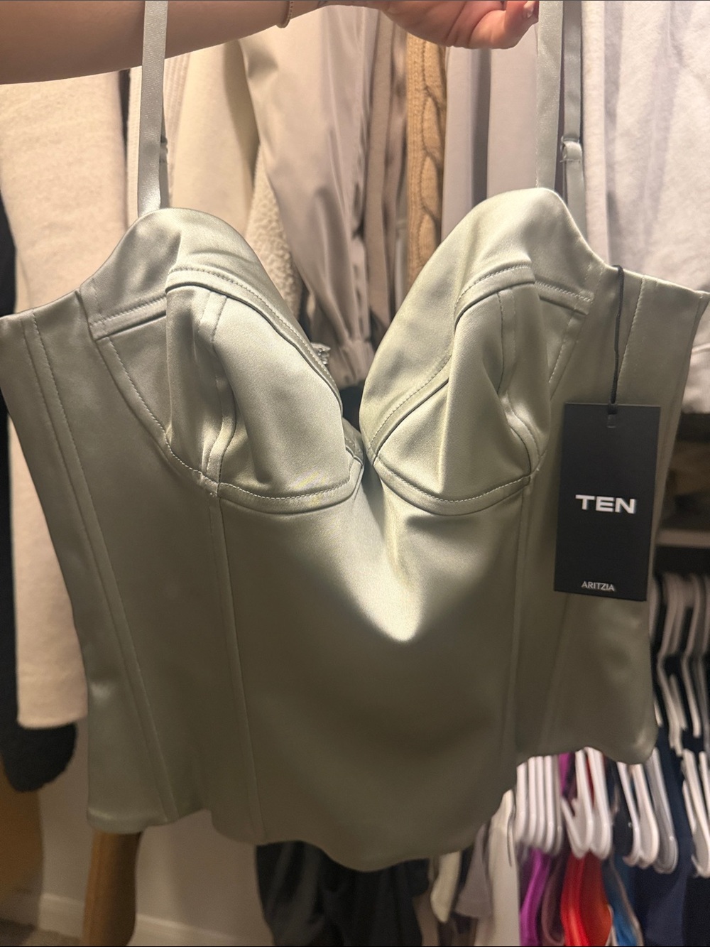 Aritzia TEN Satin Bustier in Sage Green